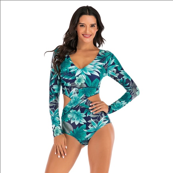“The Eryn” Tropical Cutout Long Sleeve Swimsuit - Picture 6 of 9